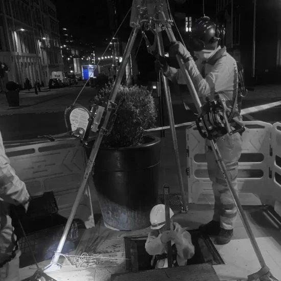 &ldquo;Certified surveyor using a 3D laser scanner inside a confined space chamber.&rdquo;